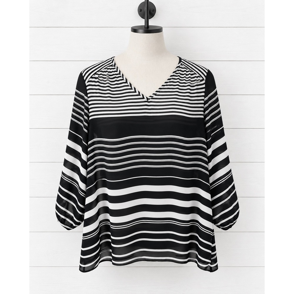 New Cato V-Neck Blouse Top Large Black White Striped 3/4 Roll-Tab Sleeve